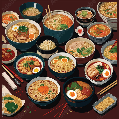 Ramen hand drawn collection bowls with asian noodles people eating noodle soup with chopsticks ch