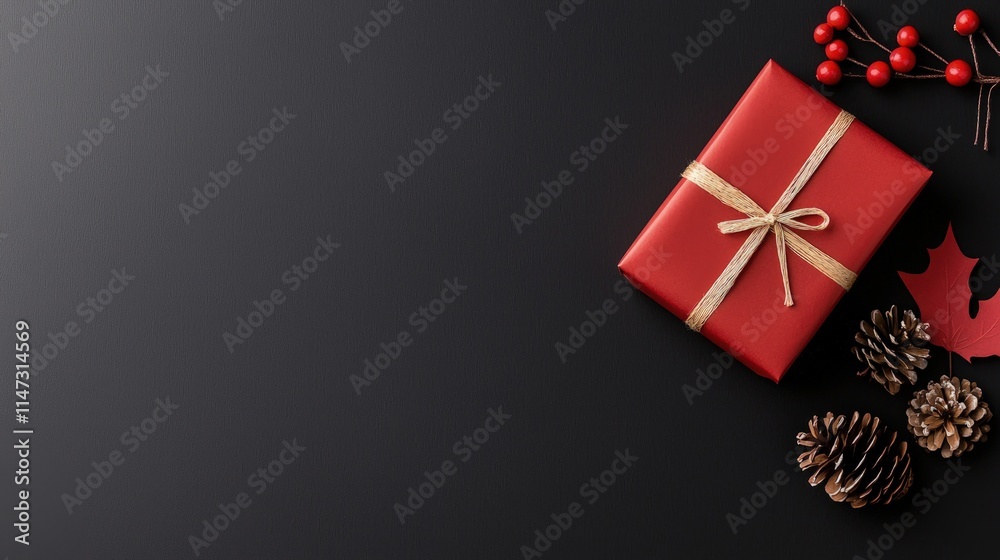 Red gift box with pine cones, holly, and berries on black background. Red gift box with pine cones, holly, and berries on black background.