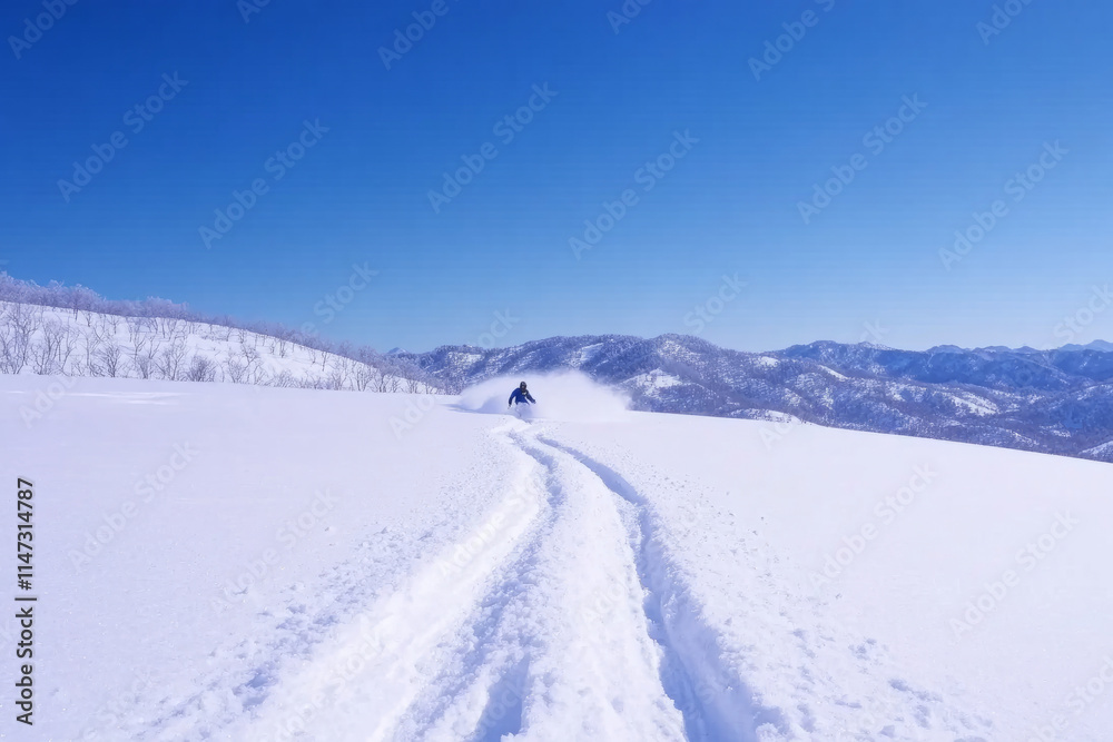 A snowboarder is riding down a snow-covered slope A snowboarder is riding down a snow-covered slope