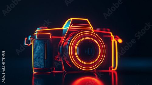 Neon outline of a digital camera showcasing creative lighting effects.   photo