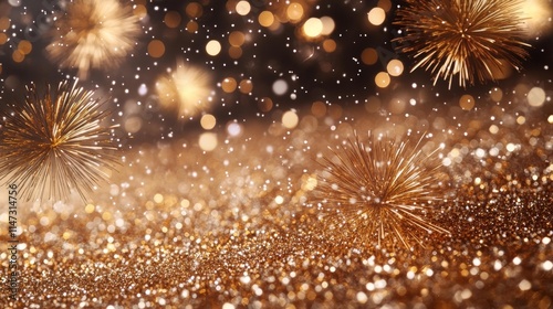 Golden Fireworks and Glitter Background. Generative AI photo