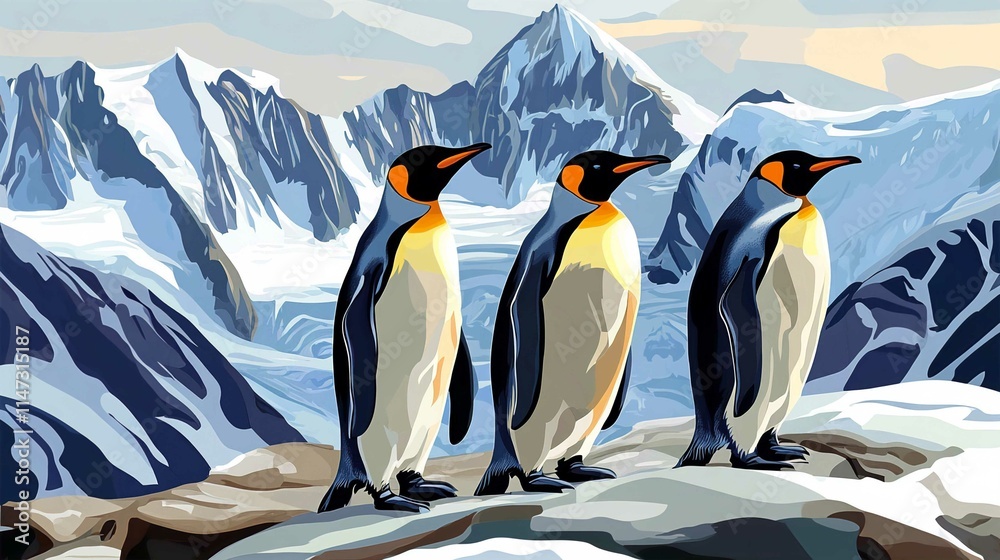 Fototapeta premium Emperor Penguin Illustration in Arctic Landscape Surrounded by Ice and Snow