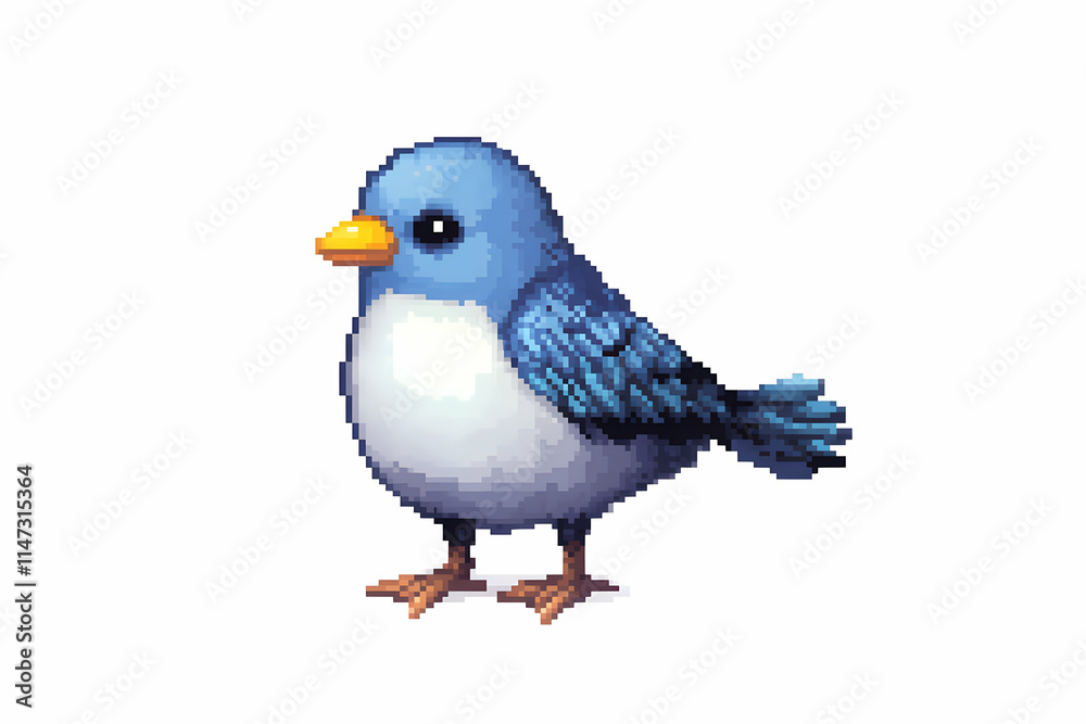 Obraz premium Pixel Art Cute Blue Bird, White Background, Game Asset.
