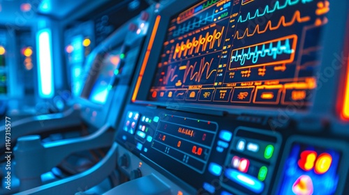Futuristic digital control dashboard with advanced HUD interface and high tech instrument panels displaying various data indicators and control mechanisms for a modern industrial