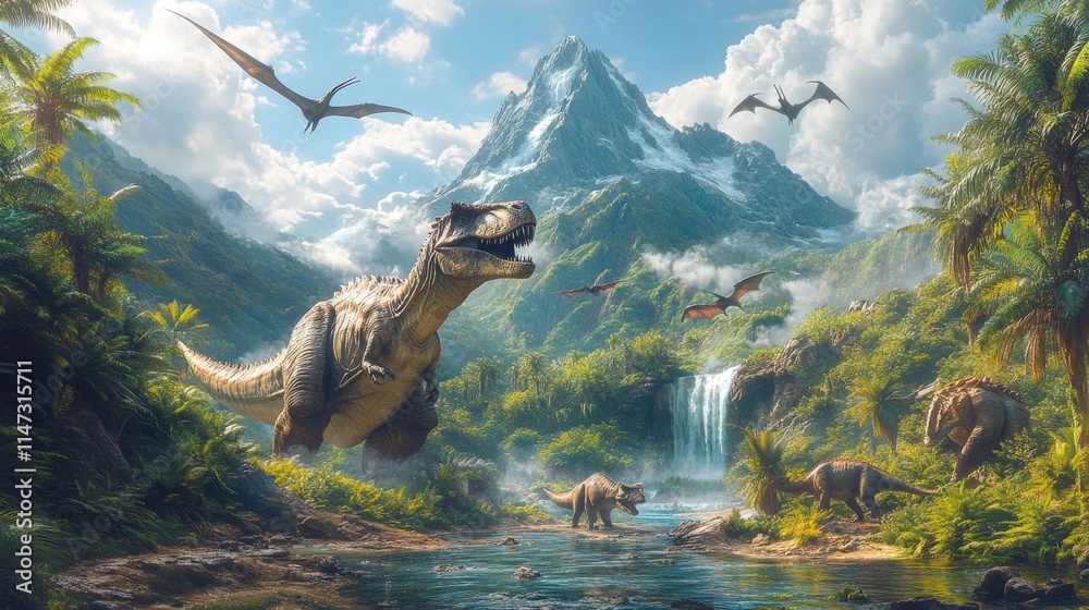 Obraz premium Dinosaurs in a lush jungle landscape with a mountain and waterfall. Generative AI