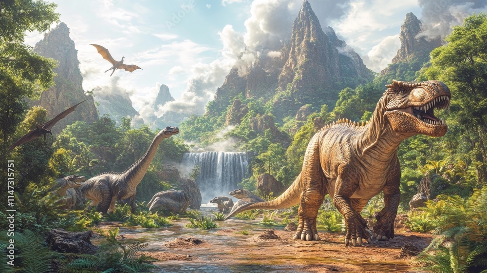 Naklejka premium Fantasy dinosaur landscape with lush greenery. Generative AI