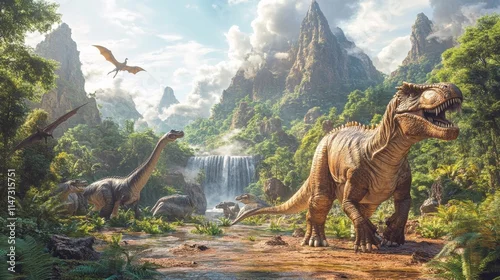 Obraz Fantasy dinosaur landscape with lush greenery. Generative AI