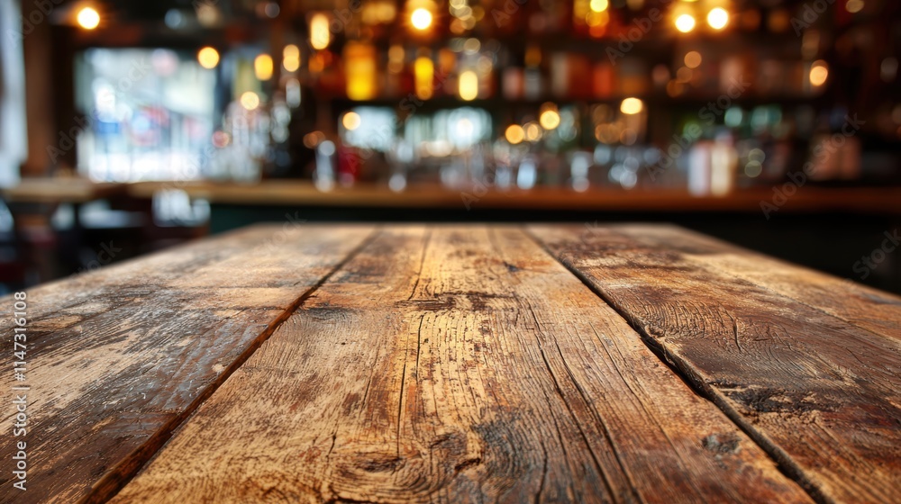 Rustic Wooden Table in Cozy Bar Setting with Warm Lighting Rustic Wooden Table in Cozy Bar Setting with Warm Lighting
