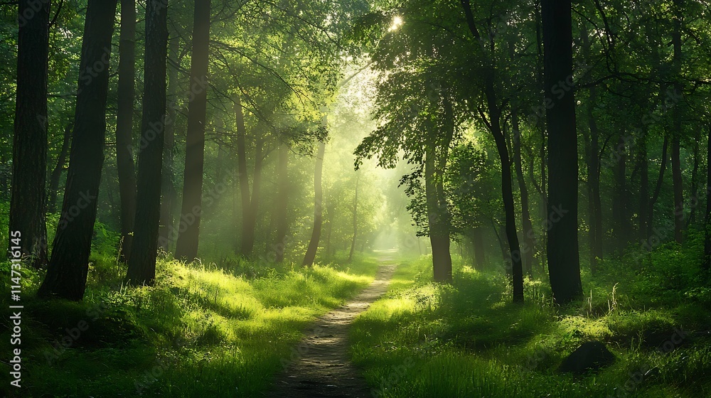 Obraz premium Sunlight Path in a Misty Forest. Concept of tranquility, nature, and serenity.
