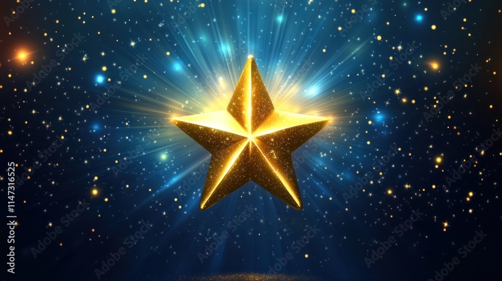 Golden star centered on a deep blue background, surrounded by radiant light beams and sparkling effects, creating a luxurious celebration design