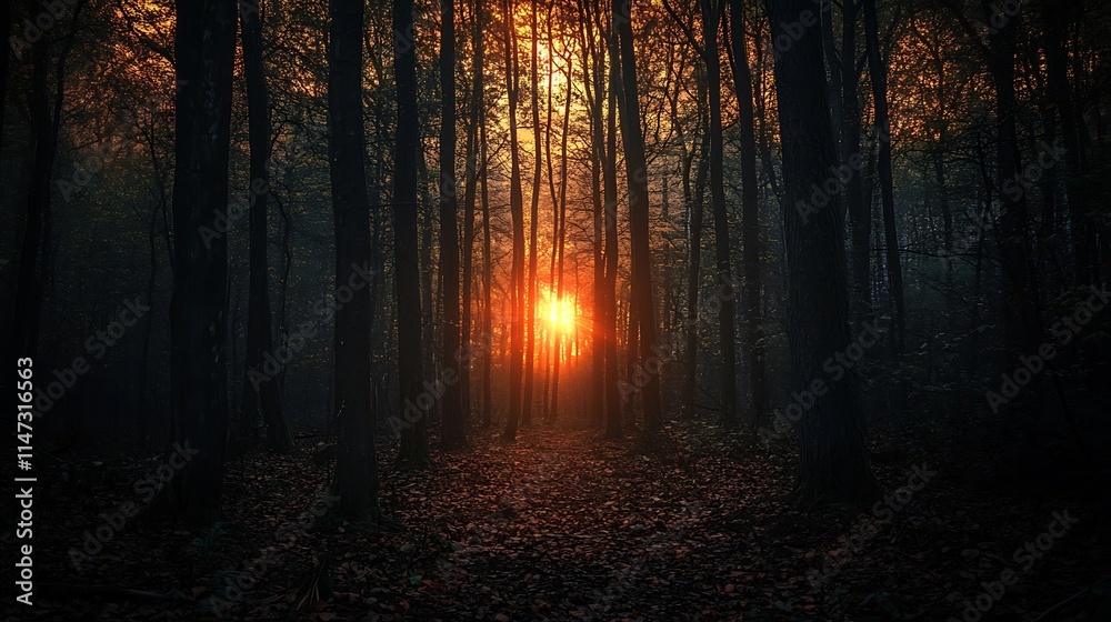 Naklejka premium Mysterious Forest Path at Sunset. Concept of mystery, solitude, and nature.