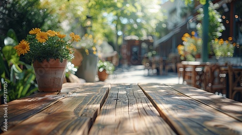 Rustic Wooden Table with Yellow Flowers, Sunny Outdoor Cafe Setting