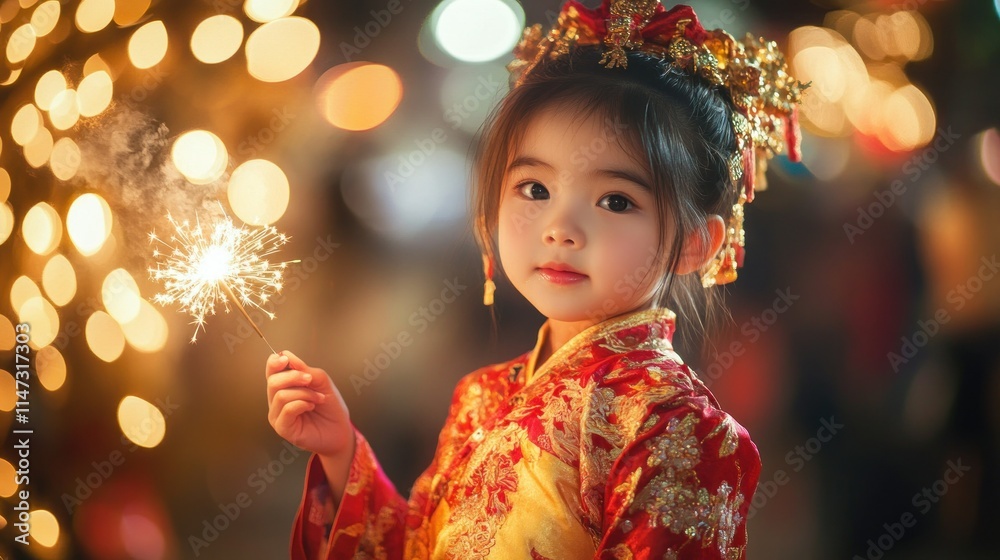 Young girl in traditional attire holding a sparkler. Young girl in traditional attire holding a sparkler.