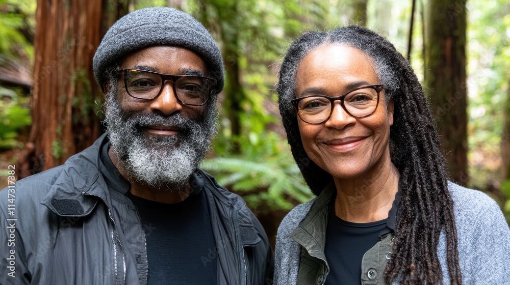 Fototapeta premium Portrait of a Smiling Couple in a Lush Forest Environment