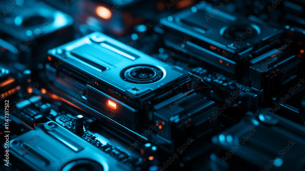 Collection of high-tech cameras in a dark setting with blue and orange lighting. Collection of high-tech cameras in a dark setting with blue and orange lighting.