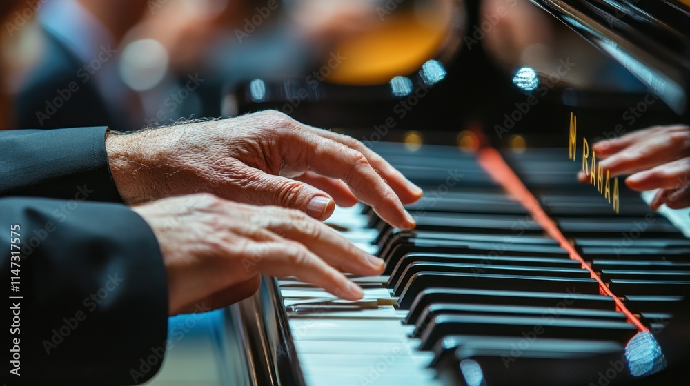 Hands playing a piano in a musical performance. Hands playing a piano in a musical performance.