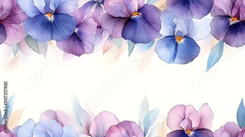 Fototapeta Naklejka Na Ścianę i Meble -  Watercolor Pansies Frame: Delicate watercolor pansies in soft purples and blues create a charming frame, perfect for invitations, cards, or elegant designs.