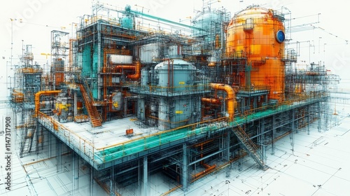 Intricate Industrial Plant with Pipes and Gauges. Generative AI