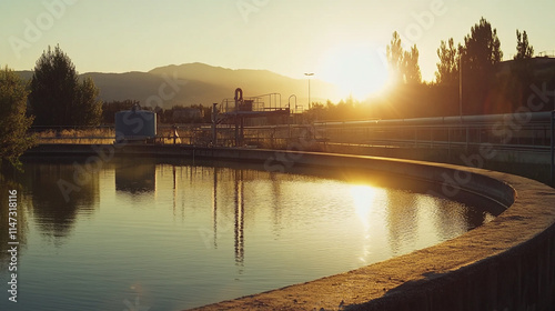 Sunset reflection over peaceful water body near industrial area in the evening.   photo