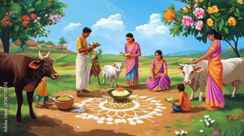 Happy family celebrating harvest festival with cows.