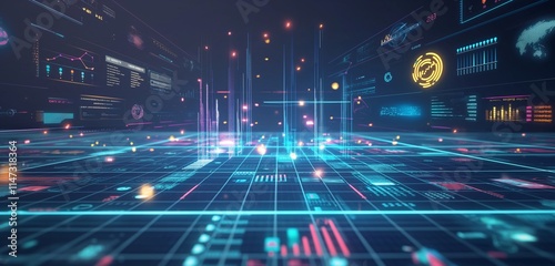 A high-tech digital business background showcasing a futuristic holographic interface with glowing data charts, graphs, and icons floating over a deep blue grid.