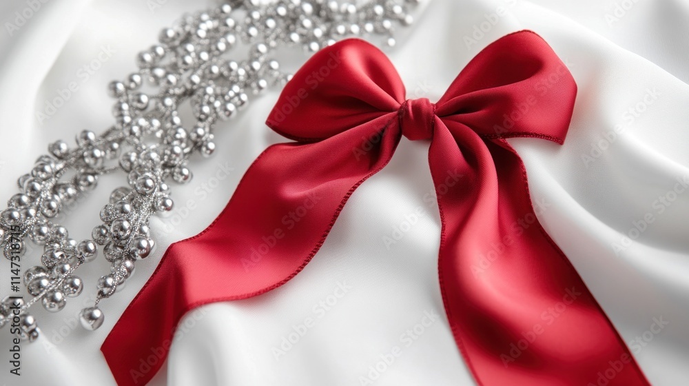 Luxurious holiday design with a glossy red satin ribbon bow, paired with silver string beads, positioned elegantly on a white backdrop Luxurious holiday design with a glossy red satin ribbon bow, paired with silver string beads, positioned elegantly on a white backdrop