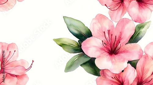 Fototapeta Naklejka Na Ścianę i Meble -  Watercolor Azalea Blossom: Delicate pink azalea flowers and lush green leaves, painted in a watercolor style. Perfect for adding a touch of elegance and natural beauty to your designs. 