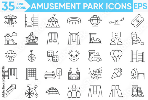 Amusement park line icons set.Included icons as kids outdoor toy, sandbox, children parks, slide, monkey bar, dome climber.vector and illustrator set