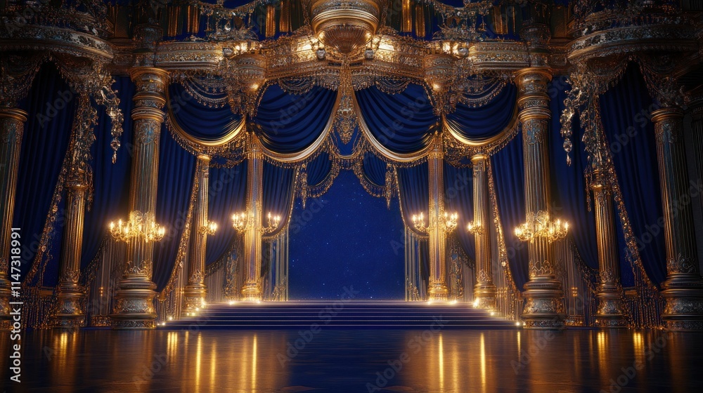 Obraz premium Luxurious royal blue and gold backdrop with glowing light accents and ornate decorations, ideal for Hollywood or Bollywood-style award nights
