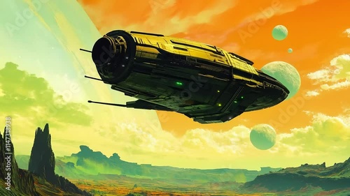 A Futuristic Airship, Soaring Through a Dreamlike Sky. anime video stock. photo