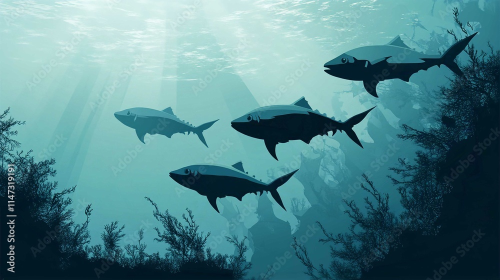 Fototapeta premium Underwater Marine Life Illustration of Sharks and Dolphins Swimming in a Blue Ocean Reef