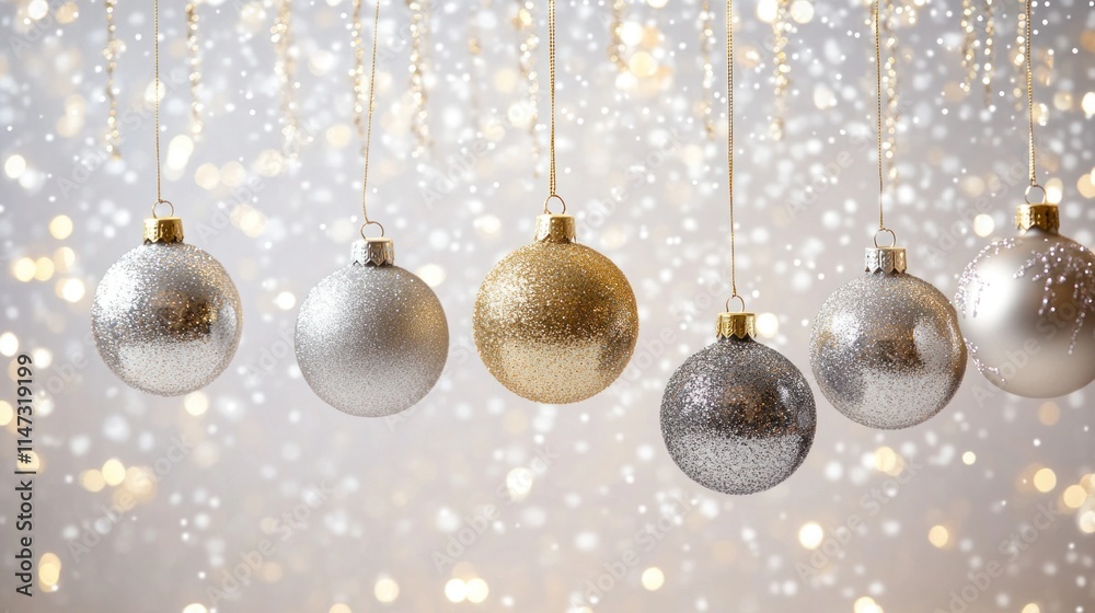 Merry Christmas and Happy New Year card featuring gold and silver glitter baubles hanging gracefully on a pristine white background, surrounded by soft sparkles and elegant text Merry Christmas and Happy New Year card featuring gold and silver glitter baubles hanging gracefully on a pristine white background, surrounded by soft sparkles and elegant text