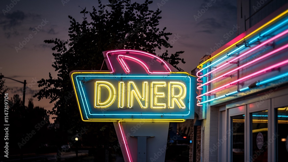 Retro Neon Diner Sign Glowing at Night with Trees and Street Lamp Retro Neon Diner Sign Glowing at Night with Trees and Street Lamp