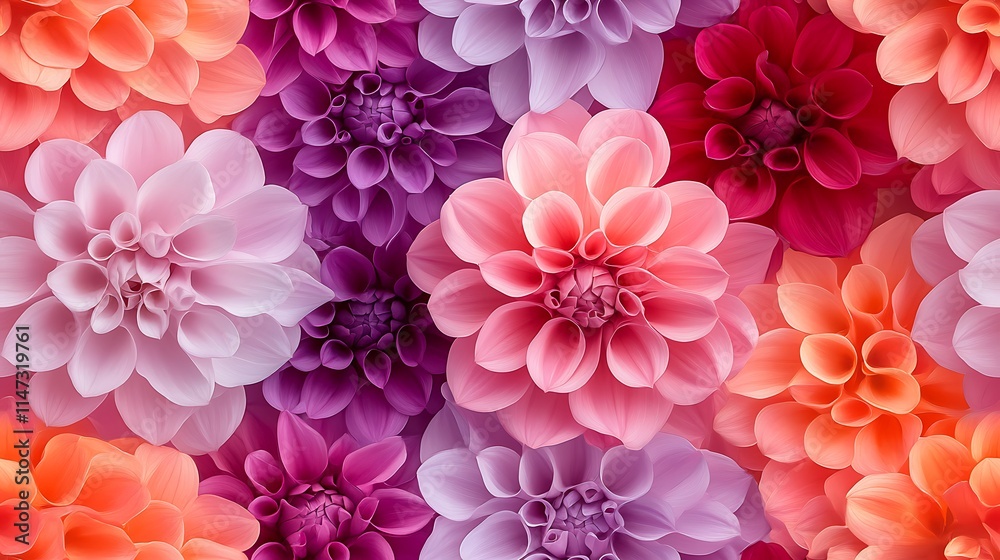 Dahlia Dream: A vibrant tapestry of dahlias in a spectrum of pink, purple, and orange hues. Close-up view showcasing the intricate details of each bloom.