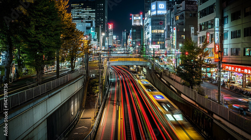 Vibrant city life at night with trn and street lights in urban landscape.   photo