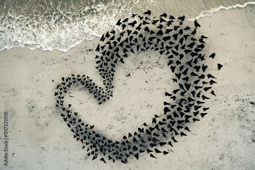 Flock of birds forming a heart shape on a sandy beach near ocean waves, artistic and inspiring nature aerial view perfect for love, wildlife, and creative outdoor-themed projects photo