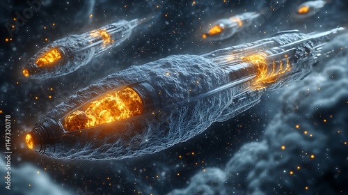 Cosmic Armada: Frozen Fire Ships. A breathtaking digital art depicting three colossal spaceships, encased in ice yet emitting fiery thrusters, navigate the dark expanse of space. photo