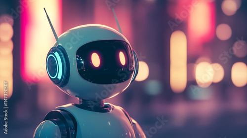 Robot explores a vibrant city's night lights, showcasing futuristic design and  photo