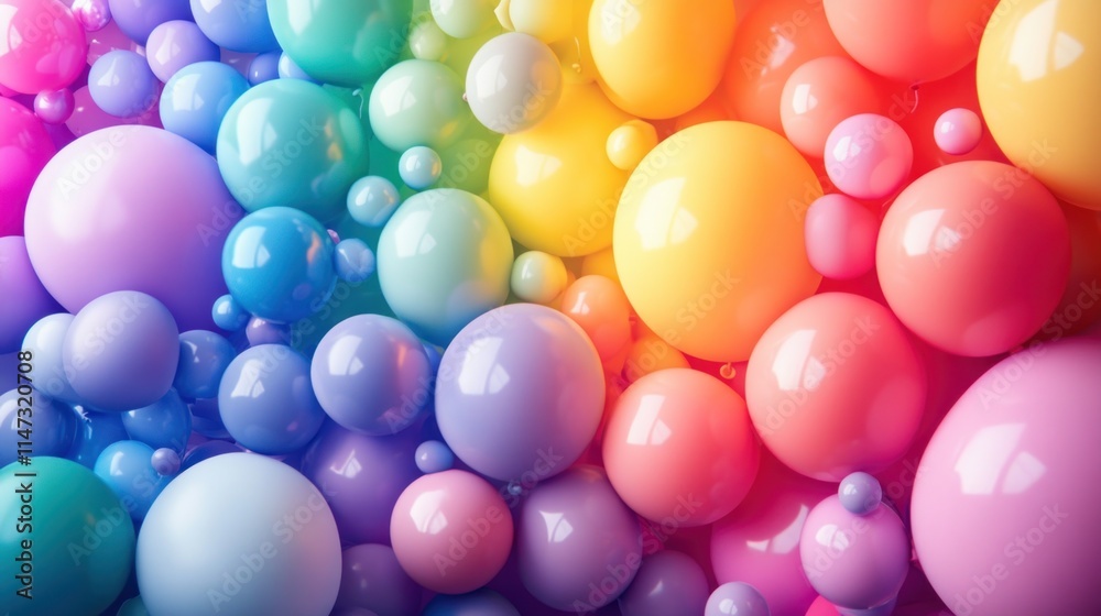 Rainbow gradient matte balloons of different sizes, forming a playful and abstract design, ideal for children playrooms or birthday parties Rainbow gradient matte balloons of different sizes, forming a playful and abstract design, ideal for children playrooms or birthday parties