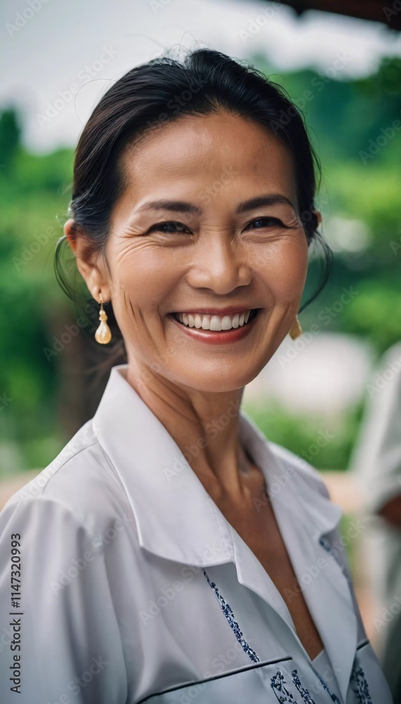 A joyful woman, approximately 50 years old, wearing traditional clothing and smiling brightly stands outdoors amidst lush greenery in Thailand. The atmosphere exudes warmth and happiness. AI A joyful woman, approximately 50 years old, wearing traditional clothing and smiling brightly stands outdoors amidst lush greenery in Thailand. The atmosphere exudes warmth and happiness. AI