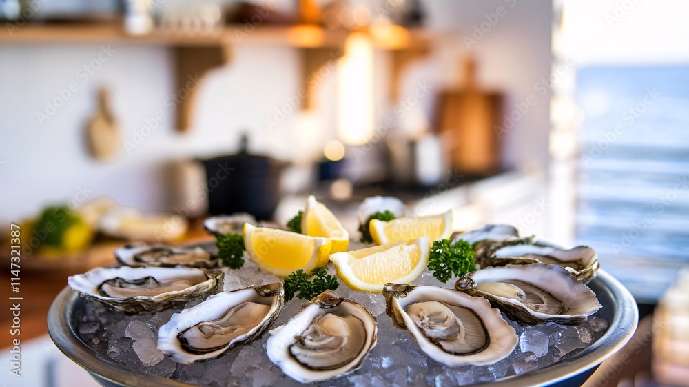 Fresh Oysters on Ice with Lemon Wedges and Parsley in Seaside Kitchen with Sea View