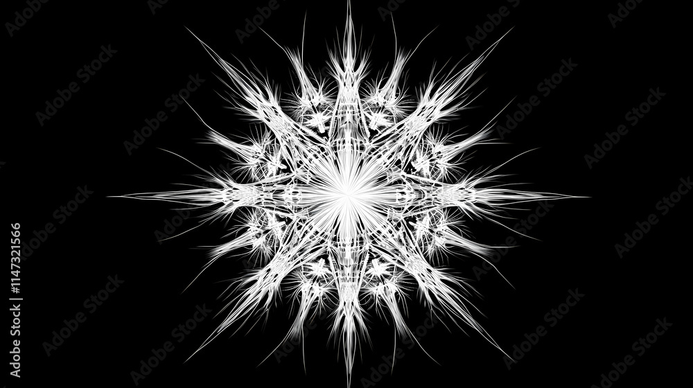 A burst of white geometric lines radiating outward in a symmetrical pattern, creating an intricate starburst effect against a black background. Starburst. Illustration A burst of white geometric lines radiating outward in a symmetrical pattern, creating an intricate starburst effect against a black background. Starburst. Illustration