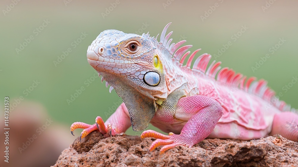 Fototapeta premium Pink iguana perched on a rock, close-up.