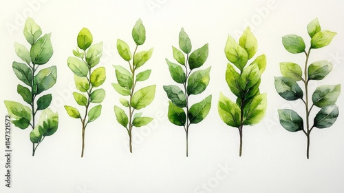 Watercolor Botanical Hand-Painted Greenery Leaves. Generative AI
