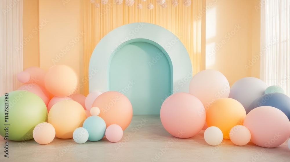 Fototapeta premium Soft rainbow gradient balls in varying sizes with a matte finish, floating in a whimsical arrangement for a festive kids zone atmosphere