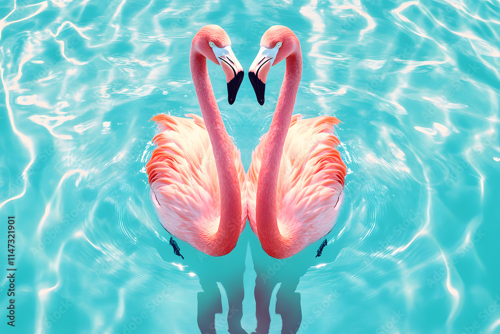 Naklejka premium Elegant flamingos facing each other in turquoise water, creating a heart-shaped silhouette, vibrant and serene scene perfect for nature, , and artistic tropical designs