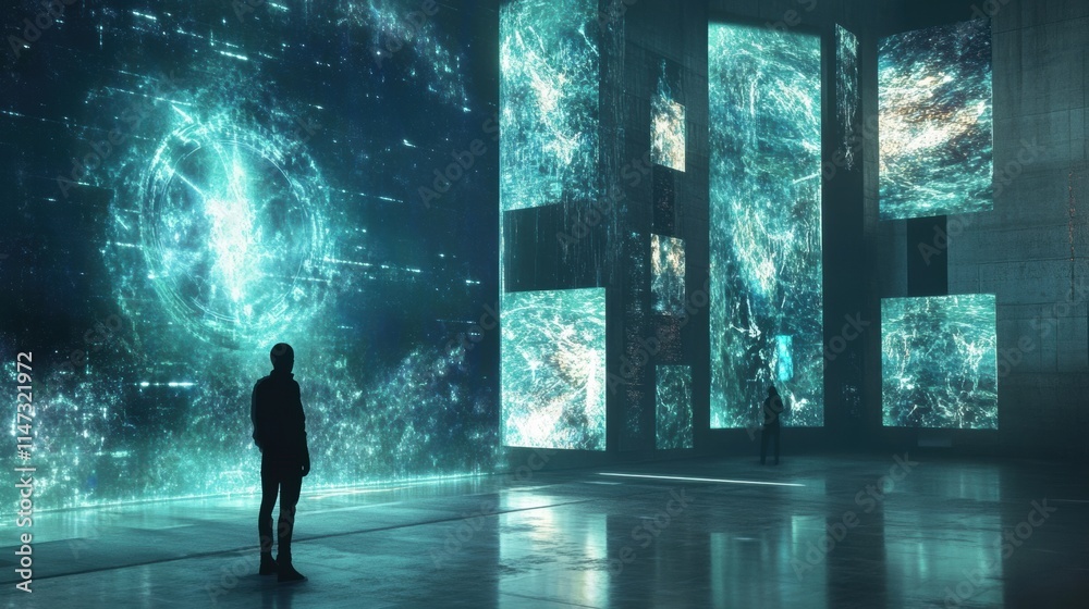 Visitors explore a digital gallery featuring stunning virtual artworks displayed on large screens, creating an immersive experience. Generative AI