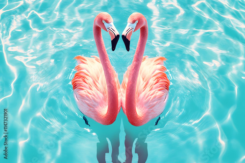 Elegant flamingos facing each other in turquoise water, creating a heart-shaped silhouette, vibrant and serene scene perfect for nature, , and artistic tropical designs photo