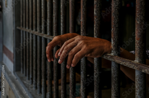 hands of a prisoner behind prison bars on black background	