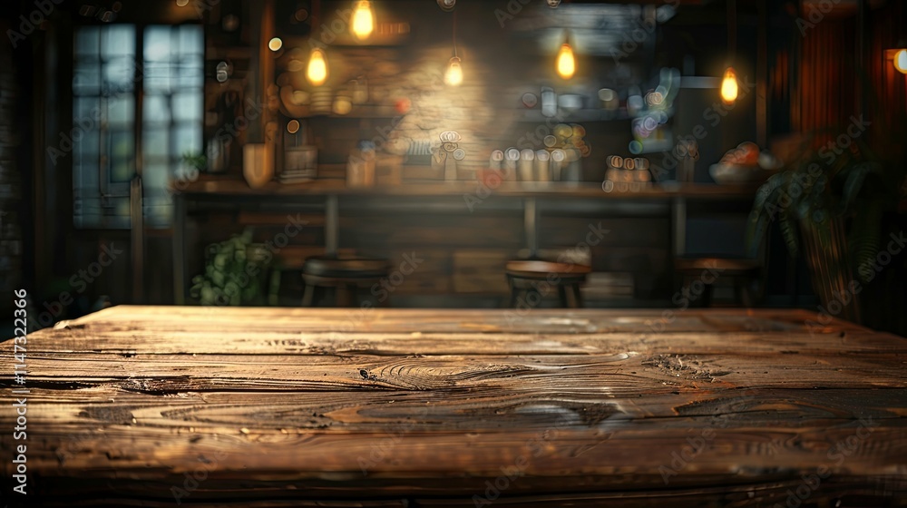 Rustic Wooden Tabletop in a Blurred, dimly lit Bar Setting Rustic Wooden Tabletop in a Blurred, dimly lit Bar Setting